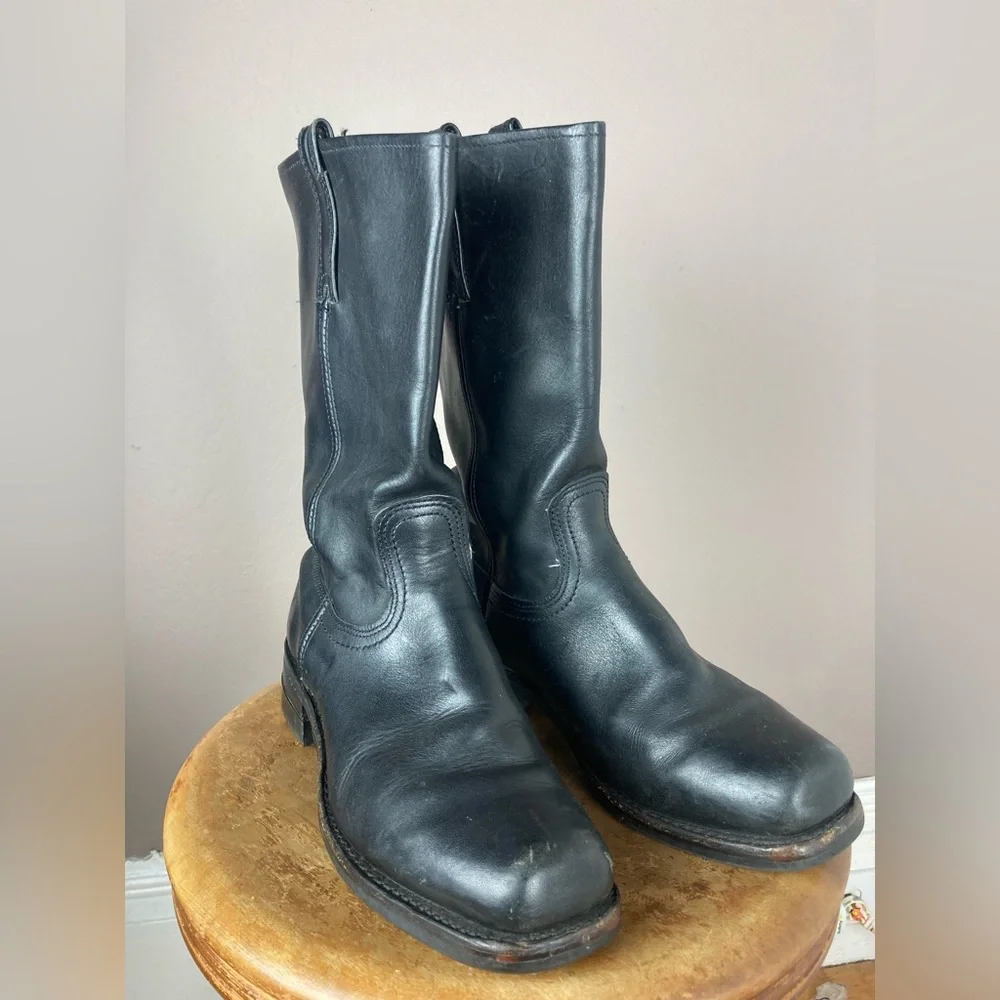 Vintage Frye Square Toe Black Leather Boots - Size 9 1/2